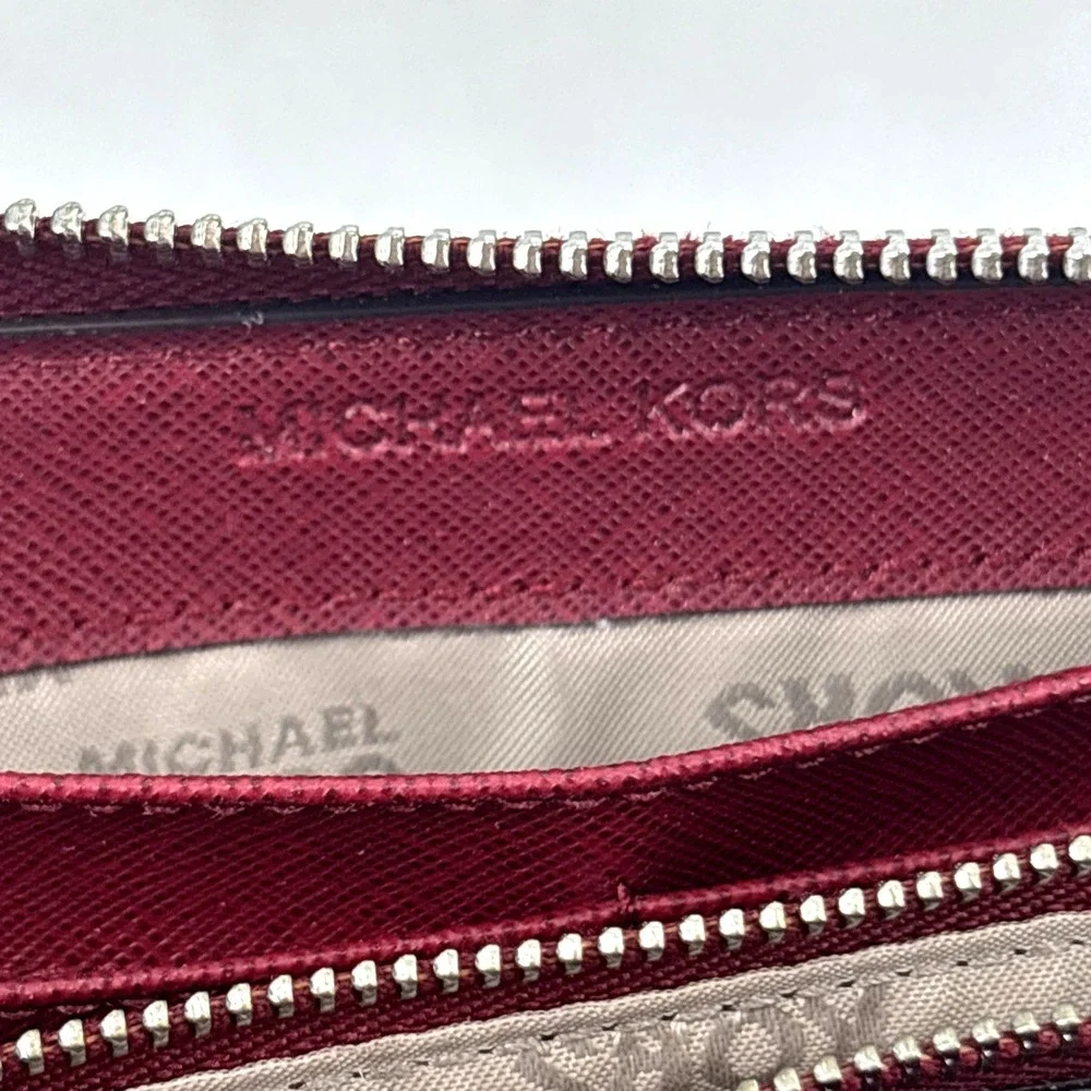 Michael Kors Large Zip Around Wallet Red Burgundy Silver Hardware